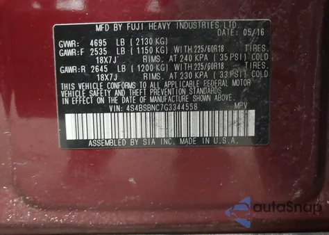 2016 Subaru Outback 2.5I Limited из США, поврежденный, VIN 4S4BSBNC7G3344558